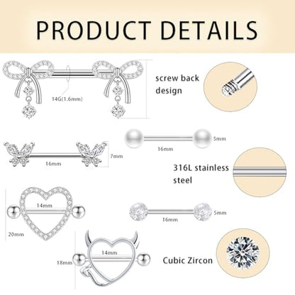 TIANCI FBYJS 6 Pairs 14G Nipple Rings for Women 316L Stainless Steel Heart Bow CZ Flower Barbell Nipple Rings Set Cute Nipplerings Piercing Jewelry - color: silver