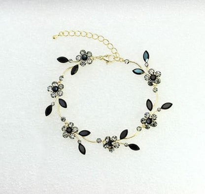 Faship Gorgeous Rhinestone Crystal Floral Necklace Earrings Set - color: Black / gold plated / Matching Bracelet