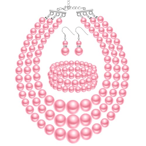 Haysandy Pearl Jewelry Set for Women 20s Jewelry Gift | Retro Layered Necklace Bracelet Earring, Costume Accessories for Derby Wedding Prom Party, Dress Matching Occasions - color: Pink