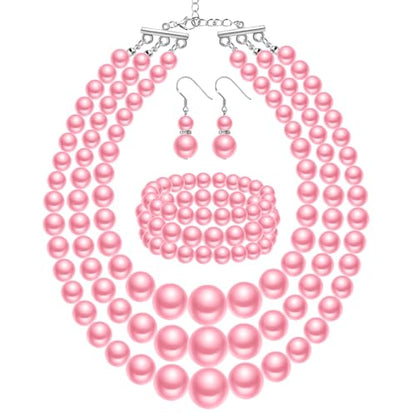 Haysandy Pearl Jewelry Set for Women 20s Jewelry Gift | Retro Layered Necklace Bracelet Earring, Costume Accessories for Derby Wedding Prom Party, Dress Matching Occasions - color: Pink