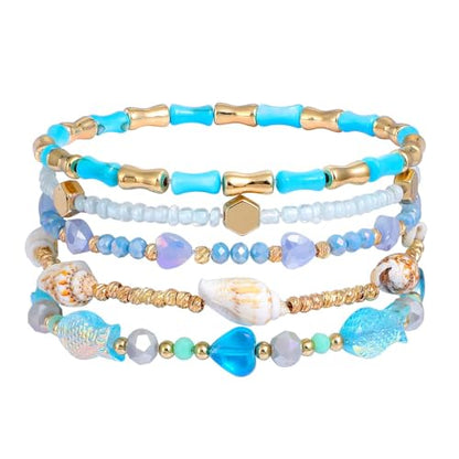 Dainty Gold Plated Pearl Crystal Beaded Bracelets Set for Women 14K Gold Plated Bead Pearl Beads Bracelet Stackable Paperclip Link Chain Bracelets Gold Plated Bracelets for Women Trendy Jewelry - color: Style6 Blue