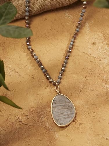 MINACHI Handmade Agate Pebble Pendant with Crystal Beads, Random Stone Shape, Vintage Women's Jewelry - style: Necklace R17-057