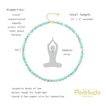 PEARLADA Turquoise Beaded Choker Necklace Chakra Stone Necklace Adjustable - color: Turquoise Beads 5mm