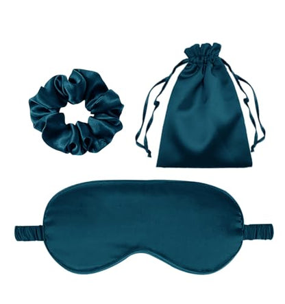 3Pcs Satin Eye Mask Silk Sleep Masks Set Silky Blindfold Eyeshade Blackout Eyes Cover Pouches Bag Scrunchy Wedding Gift - color: Peacock Blue