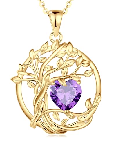FANCIME Tree of life Birthstone necklace Sterling Silver Pendant Birthstone Necklace Gemstone Anniversary Birthday Jewelry Mothers Day Gifts for Mom Her Wife - color: Yellow gold-2-amethyst