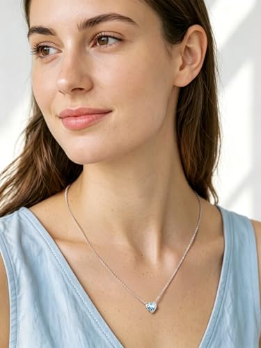 Silvora Heart/Round Birthstone Necklace for Women, Sparkling Crystal Pendant, Dainty Birth Month Jewelry, Adjustable 16"+2" Chain - color: Silver, style: March Heart