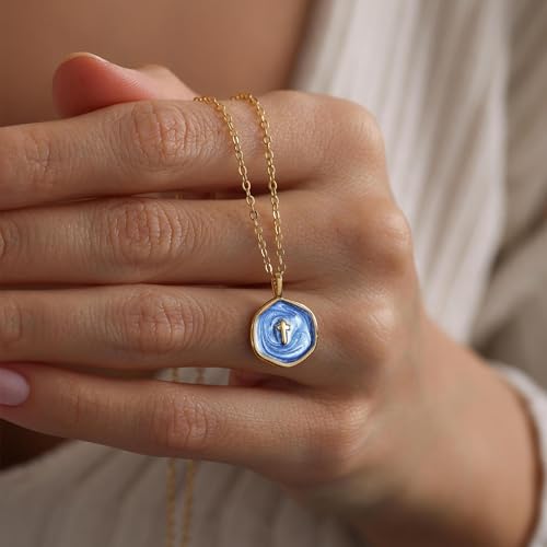 Tewiky Cross Necklace for Women 14k Gold Plated Cross Pendant Necklaces | Cute Necklaces for Women,Jewelry ,Graduation Gift for Her - color: Deep navy blue