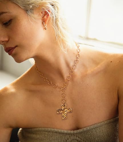 Aobei Pearl 18K Gold Plated Moon Star Lion Evil Eye Love Heart Cross Pendant Necklace Medallion Paperclip Chian Choker Layering Jewery for Women - color: Golden Cross
