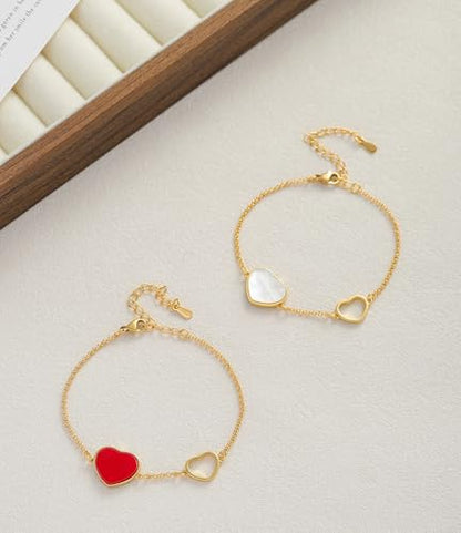18K Gold Plated Paperclip Link Chain Bracelet with Charms, Gift with a Box - color: Two Hearts-White