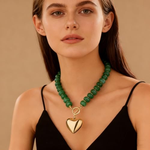 Chunky Heart Necklaces for Women Colorful Resin Beaded Necklaces for Women Gold Puffy Heart Statement Necklace Trendy Acrylic Choker Jewelry Gift - color: Deep Green