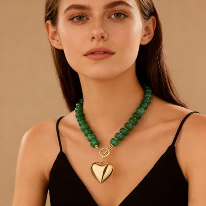 Chunky Heart Necklaces for Women Colorful Resin Beaded Necklaces for Women Gold Puffy Heart Statement Necklace Trendy Acrylic Choker Jewelry Gift - color: Deep Green