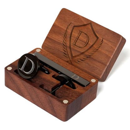 Mens Initial Cufflinks and Tie Clip A-Z Alphabet Letter Black Stainless Cuff Links Tie Bar with Engraved Walnut Wood Box Groom Groomsman Wedding Set - style: Classic-D