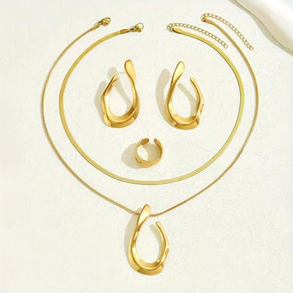 5PCS Gold Plated Jewelry Set for Women Valentine Anniversary Birthday Friendship Holiday Gift,Stainless Steel Necklace Earrings Ring Set