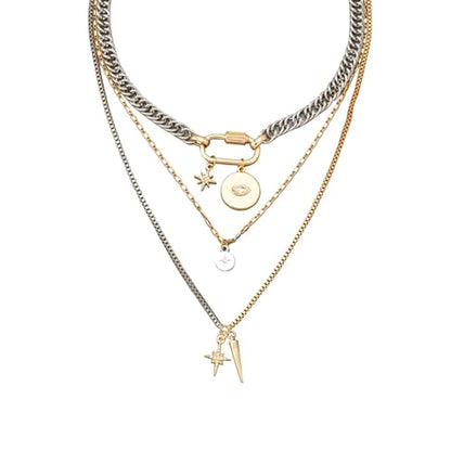 Gold Layered Necklaces for Women,Tone Mixed Metal Chunky Necklace | Paperclip Chain Silver Coin Pendant,Trendy Statement Jewelry Gift