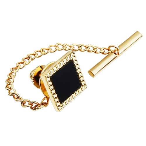 HAWSON Black Stone Tie Tack for Men Tie Pin with Chain for Wedding Birthday Anniversary Party - color: gold tone