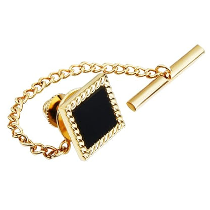 HAWSON Black Stone Tie Tack for Men Tie Pin with Chain for Wedding Birthday Anniversary Party - color: gold tone