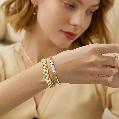 MPRAINBOW 2pcs 18K Gold Plated Chain Link Bracelet, Stainless Steel Crystal Friendship Bracelets Bangle,Watch Band Chains Wristband Jewelry with Adjust Tool - color: Gold-set D