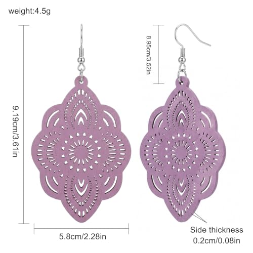 Boho Black Filigree Dangle Earrings for Women, Lightweight Hollow Lace Drop, Wood, 3.34" x 1.69", Bohemian Jewelry - color: Light Purple
