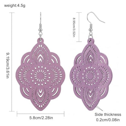 Boho Black Filigree Dangle Earrings for Women, Lightweight Hollow Lace Drop, Wood, 3.34" x 1.69", Bohemian Jewelry - color: Light Purple