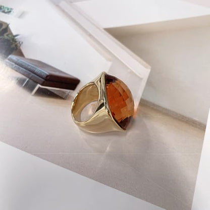 Chunky Square Crystal Glass Stainless Steel Statement Ring for Women Men Gold-Tone Plated Exaggerated Large Geometric Green Cubic Zirconia Finger Band Knuckle Rings Cocktail Prom Fashion Jewelry - color: Brown
