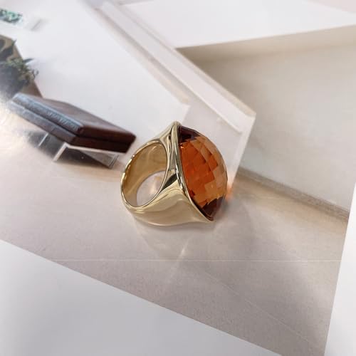 Chunky Square Crystal Glass Stainless Steel Statement Ring for Women Men Gold-Tone Plated Exaggerated Large Geometric Green Cubic Zirconia Finger Band Knuckle Rings Cocktail Prom Fashion Jewelry - color: Brown