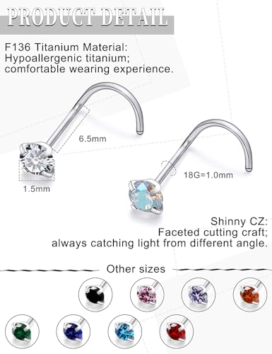 18G 20G 22G Astm F136 Titanium Nose Rings Studs Piercing Jewelry for Women Men Cubic Zirconia Nose Rings Nostril Piercing Jewelry Clear CZ 1.5mm 2mm 2.5mm 3mm 10PCS