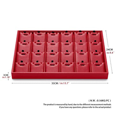Oirlv Gorgeous Red Leather 24 Grid Jewelry Tray with Removable Inserts Jewelry Cards Stackable Necklace Trays Necklace Drawer Organizer | 24 Necklace Sections,Removable Insert Cards,Anti-Tangle Design,Space-Saving Event Display,13.8×9.5Inch - color: Red,
