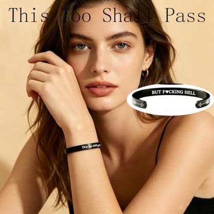 This Too Shall Pass But F*cking Hell Mantra Cuff Bracelets, Stainless Steel Inspirational Cuff Bracelets with Hidden Message Engraved Bracelet Open Adjustable Self-Reminder Bangle Motivational Jewelry for Women - color: Arrow Black