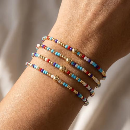 Seed Beaded Stack Bracelets Set for Women,Small Boho 4Pcs Colorful Handmade Dainty Trendy Gold Stretch Accessories Jewelry, Summer Daily Party Friendship Gift - color: Aqua Blue