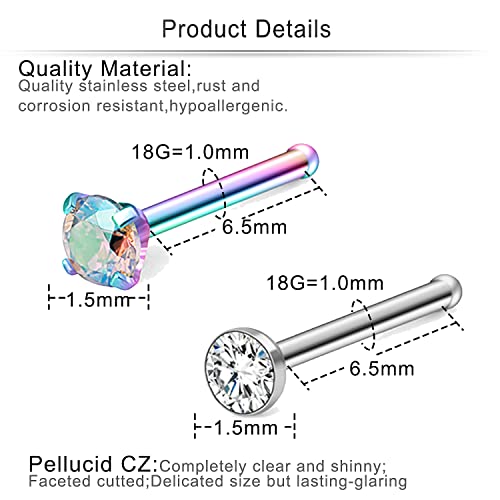 Cisyozi 18G 20G 22G Nose Rings and Studs - 316L Surgical Steel Hypoallergenic Piercing Jewelry for Women Men - L Shaped Straight Nostril Screw - Diamond CZ 1.5mm 2mm 2.5mm 3mm 12Pcs - style: Straight Bars-18G-CZ 1.5mm