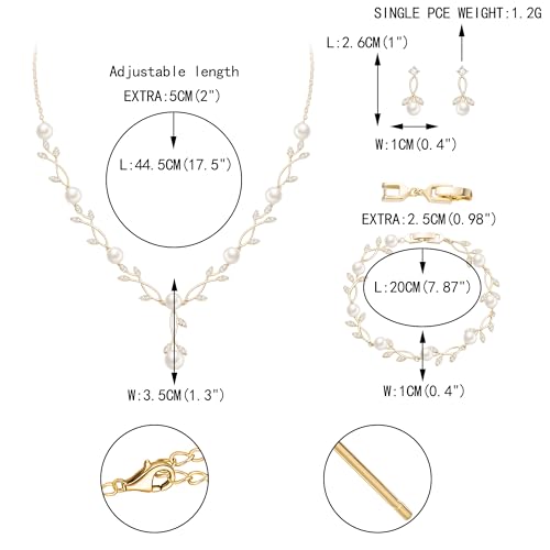 EVER FAITH Cubic Zirconia Pearl Leaf Bridal Jewelry Set for Bride Women | White Wedding Prom Necklace Dangle Earrings Bracelet, for Bridesmaid - color: Pearl_Gold-Plated-Brass