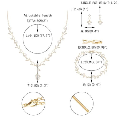 EVER FAITH Cubic Zirconia Pearl Leaf Bridal Jewelry Set for Bride Women | White Wedding Prom Necklace Dangle Earrings Bracelet, for Bridesmaid - color: Pearl_Gold-Plated-Brass