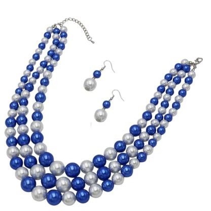Rosemarie & Jubalee Women's 3 Colorful Multi Strands Simulated Pearl Necklace And Earrings Jewelry Gift Set, 18"+3" Extender - color: Blue White Mix Silver Tone Double Ball Earring