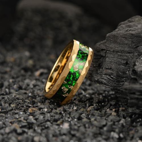 8mm Men's Tungsten Carbide Ring Gold/Black Hammered Meteorite Shavings Gold Foil Inlay Galaxy Nebula Green Opal Engagement Wedding Ring Matte Finish Comfortable Fit - color: 8mm Tungsten Gold Green Opal