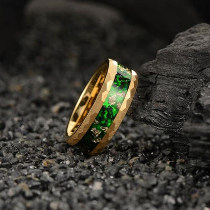 8mm Men's Tungsten Carbide Ring Gold/Black Hammered Meteorite Shavings Gold Foil Inlay Galaxy Nebula Green Opal Engagement Wedding Ring Matte Finish Comfortable Fit - color: 8mm Tungsten Gold Green Opal