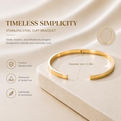 Stainless Steel Cuff Bracelet for Women, Polished Oval Open Bangle Bracelet, Minimalist Jewelry - color: Gold-8mm