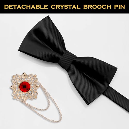 QCWQYML Black Bow Ties for Men Pre-Tied Mens Bow Tie Classic Crystal Brooch Chain Bowtie Adjustable Bowties Tuxedo Party - color: (Gold/Red)-black