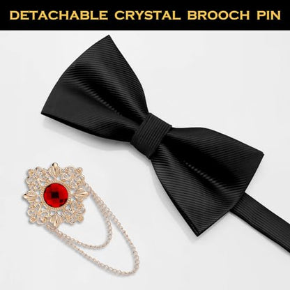 QCWQYML Black Bow Ties for Men Pre-Tied Mens Bow Tie Classic Crystal Brooch Chain Bowtie Adjustable Bowties Tuxedo Party - color: (Gold/Red)-black