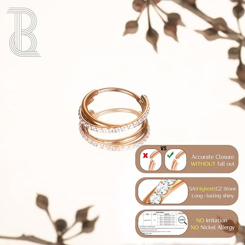 316L Stainless Steel 5A CZ Nose Rings Hoops Conch Helix Piercing Jewelry | Cartilage Earrings Tragus Rook Daith Piercing Jewelry, Septum Clicker Silver/Black/14K Gold Plated, 6-12mm, 16G/18G/20G - color: Rose gold, Duo Hoop, 20G, size: 20g(0.8mm)-8mm-TopP