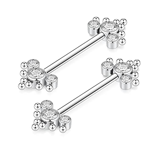 GAGABODY Pair 14G Nipple Rings G23 Titanium Internally Threaded Nipple Barbells 12mm-18mm Bridge Piercing Jewelry Straight Nipple Bar for Women Men Nipple Piercing Jewelry with CZ/Opal - color: STYLE5-Silver+3 CZ&Bead