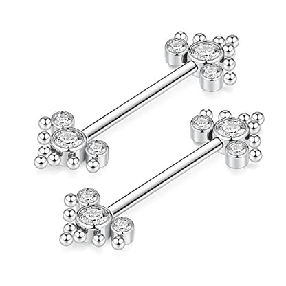 GAGABODY Pair 14G Nipple Rings G23 Titanium Internally Threaded Nipple Barbells 12mm-18mm Bridge Piercing Jewelry Straight Nipple Bar for Women Men Nipple Piercing Jewelry with CZ/Opal - color: STYLE5-Silver+3 CZ&Bead