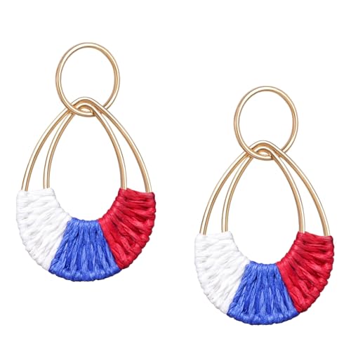 Raffia Hoop Earrings for Women Fun Boho Summer Beach Earrings Lightweight Handmade Straw Wicker Rattan Dangle Earrings Statement Geometric Round Drop Earrings - color: 4th of July Earrings - Teardrop