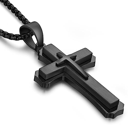 Men's Cross Necklace 316L Stainless Steel Large Heavy Cross Pendant for Men Polished Jewelry Rolo Chain with 22'' 24'' 26'' - color: C-black, size: 26 inch