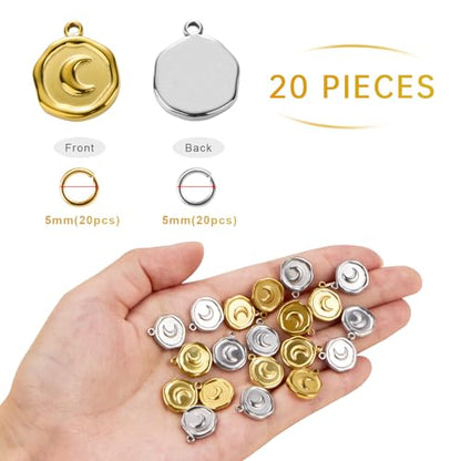 20 Pack Moon Charms for Jewelry Making Stainless Steel Round Pendant Charm Bulk with Jump Rings - color: Moon Gold Silver
