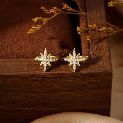 Star 14K Gold Plated Ear Cuff Earrings for Women Non Piercing, Dainty Silver Plated Clip on Cartilage Ear Cuff Non Pierced Trendy CZ Northstar Starburst Sparkling Climber Clawer Earring Jewelry - style: Starburst-Gold