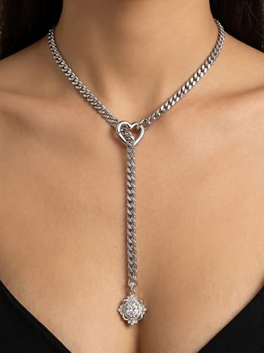 Women's Heart O-Ring Slip Chain Necklace, Double Layered Adjustable 39'' Cuban Chain with Detachable Heart Clasp and Colorful Rhinestone Pendant - color: 25'' Silver-Crystal White