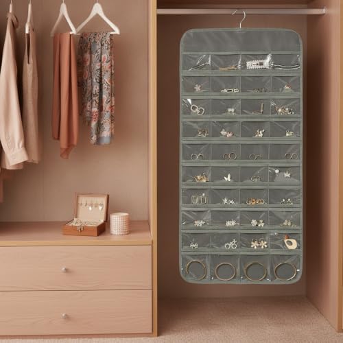 Hanging Jewelry Organizer, Vertical Closet Storage with Clear Pockets for Necklaces and Earrings, Polyester Roll-Up Bag (1 PC) - color: Gray