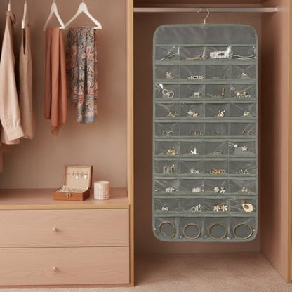Hanging Jewelry Organizer, Vertical Closet Storage with Clear Pockets for Necklaces and Earrings, Polyester Roll-Up Bag (1 PC) - color: Gray