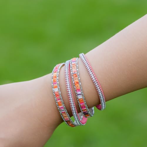 Boho Double Wrap Leather Bracelets Stackable Layered Western Hippie Jewelry | Colorful Stacked Bohemian Statement Chunky Magnetic Clasp Cuff Bangles Cowgirl Country Summer Beach Outfits for Women Trendy - color: Hot Pink