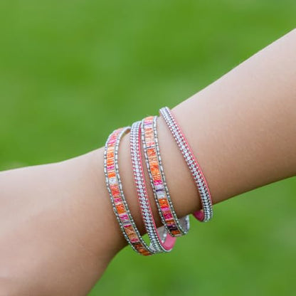 Boho Double Wrap Leather Bracelets Stackable Layered Western Hippie Jewelry | Colorful Stacked Bohemian Statement Chunky Magnetic Clasp Cuff Bangles Cowgirl Country Summer Beach Outfits for Women Trendy - color: Hot Pink